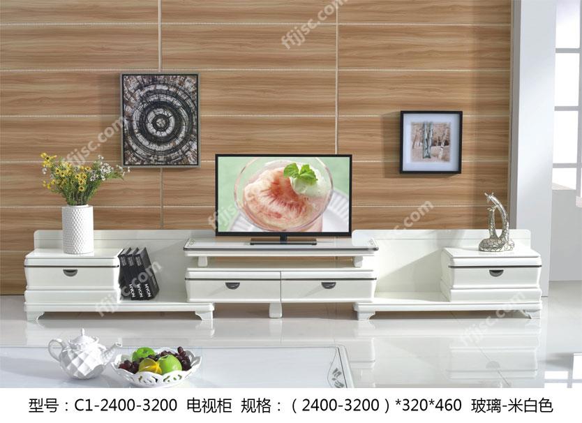 现代风格米白色素花钢化玻璃桌面可伸缩组合电视柜 C1-2400-3200