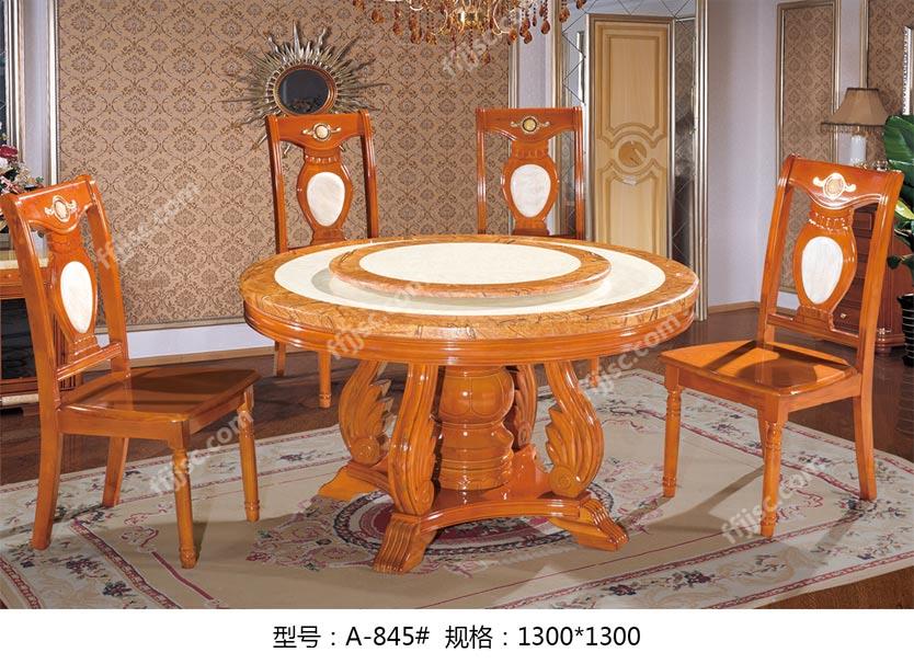现代风格大理石台面亮光实木圆形带转盘餐桌一桌六椅组合 A-845#