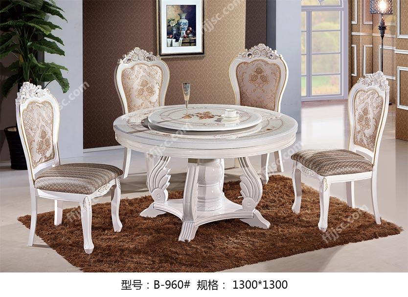 欧款大理石台面象牙白哑光圆形实木带转盘餐桌一桌六椅组合 B-960#