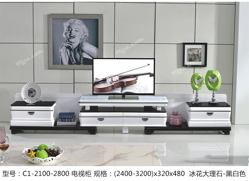 现代风格冰花大理石黑白桌面可伸缩电视柜C1-2100-2800